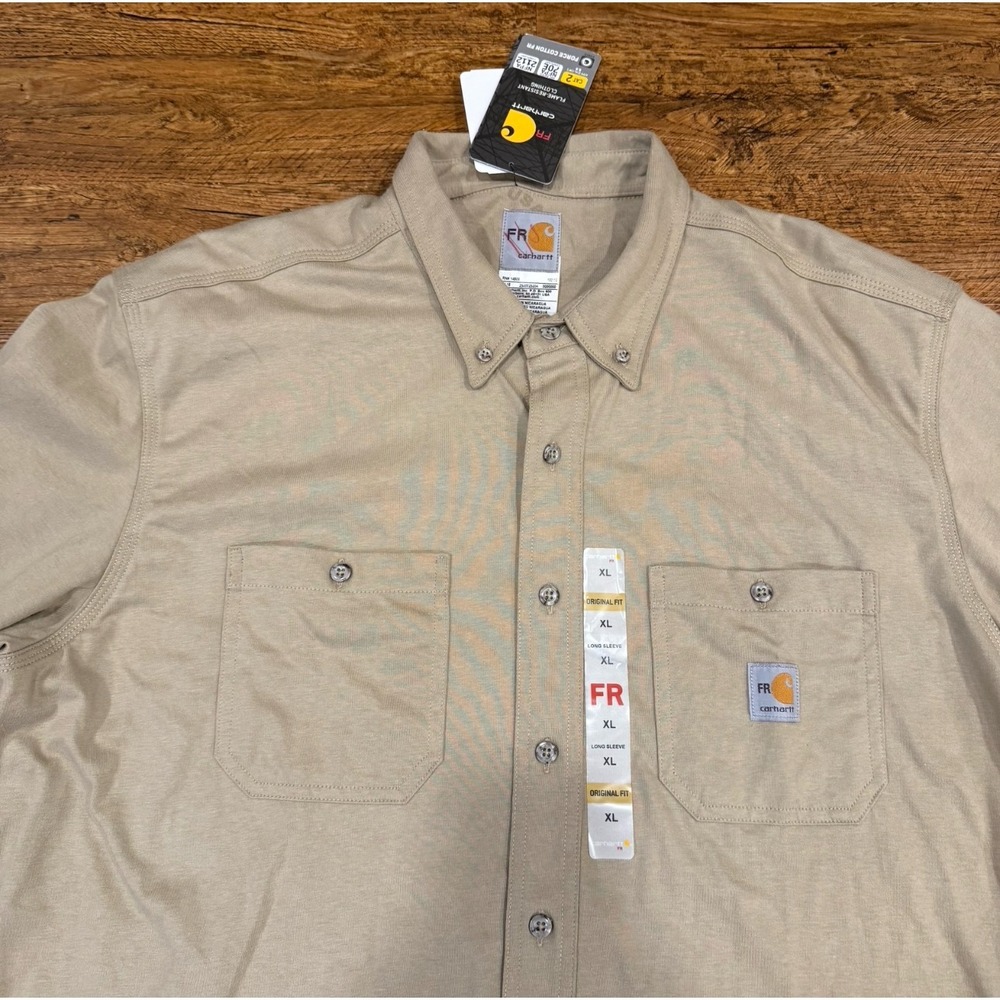 Carhartt Force Beige Flame Resistant Button Down Flannel Shirt Men XL 101698-250